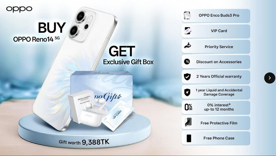 বাংলাদেশে রেনো১৪ ফাইভজিতে ১০০% উইন গিফটস অফার নিয়ে এলো অপো