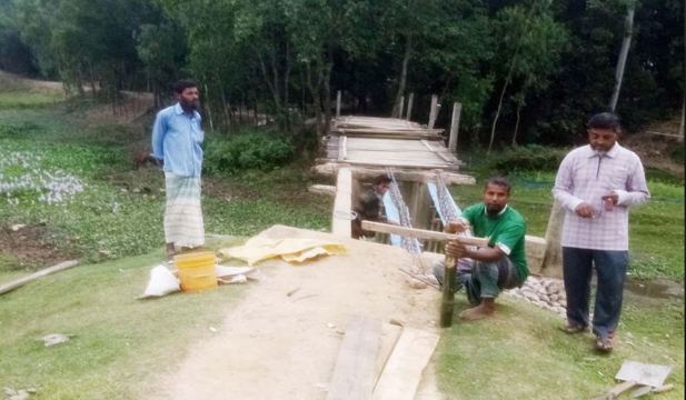 নিজেরাই কাঠের ব্রীজটি মেরামত করে চলাফেরা করছে